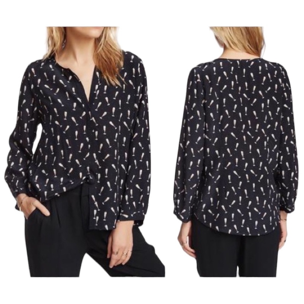 Joie Champagne Flute Glass Pop Over Button Down Silk Blouse Size XS NEW